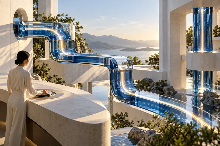 A person at a control surface beside connected sculptural blue glass channels