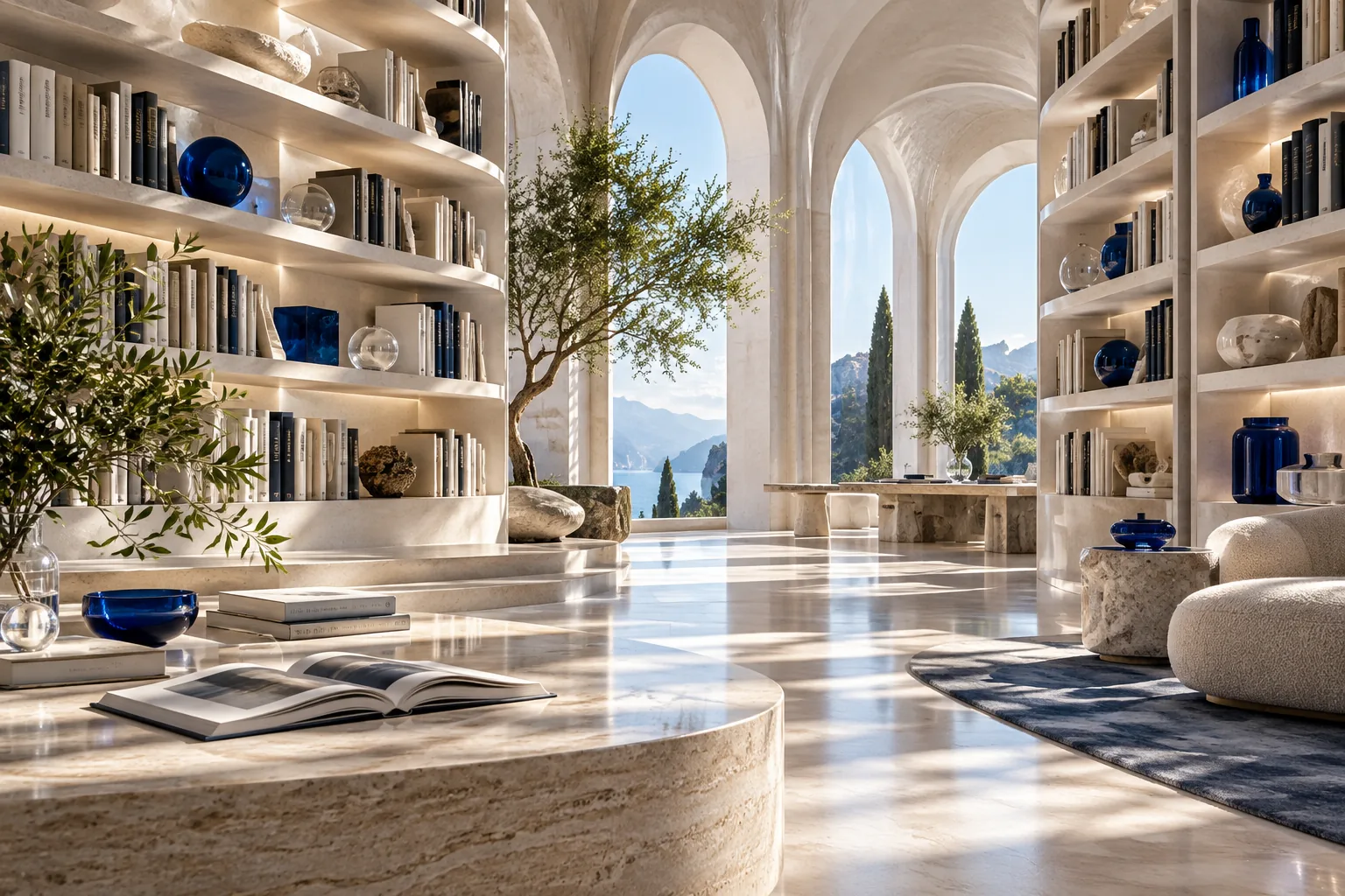A sunlit architectural library with curved shelves and blue glass accents