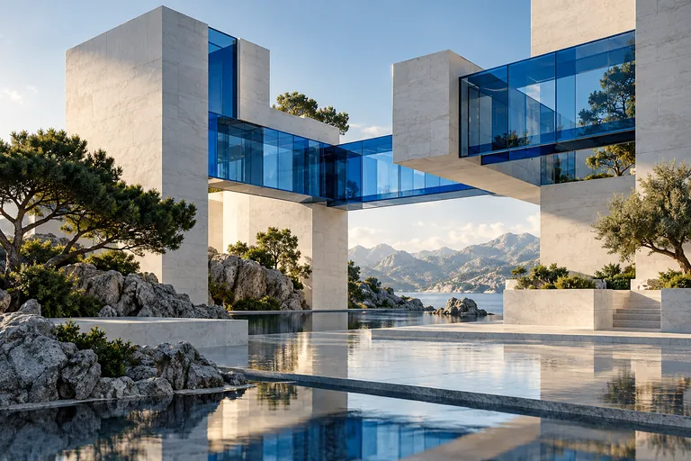 White stone architectural modules connected by custom blue glass bridges