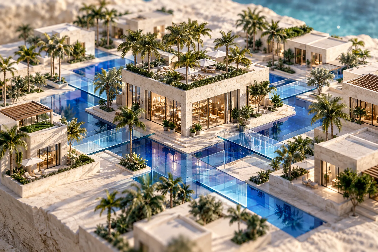 A miniature neighborhood of palm-lined businesses connected by blue glass paths