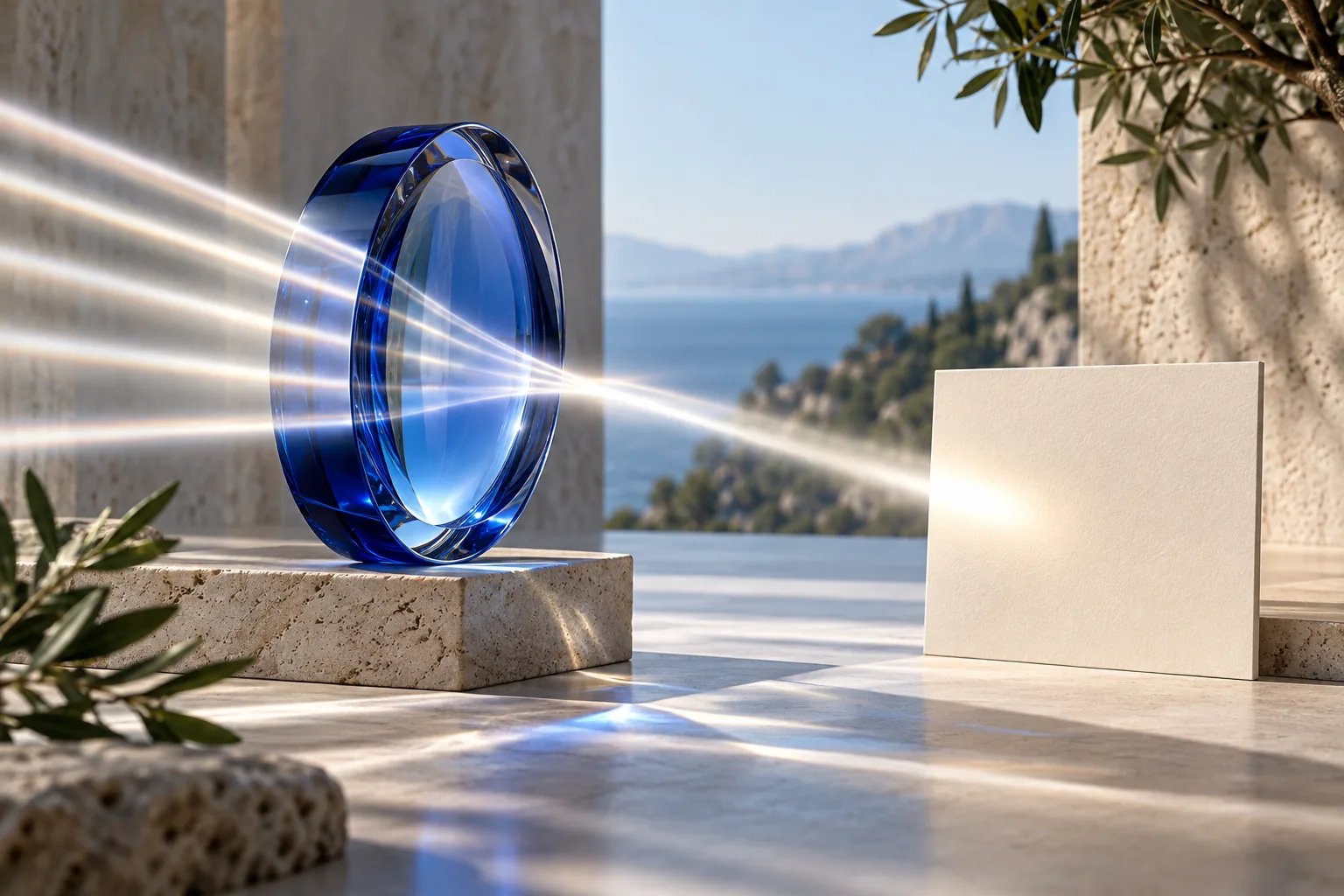 A cobalt glass lens focusing several light paths toward a blank cream card