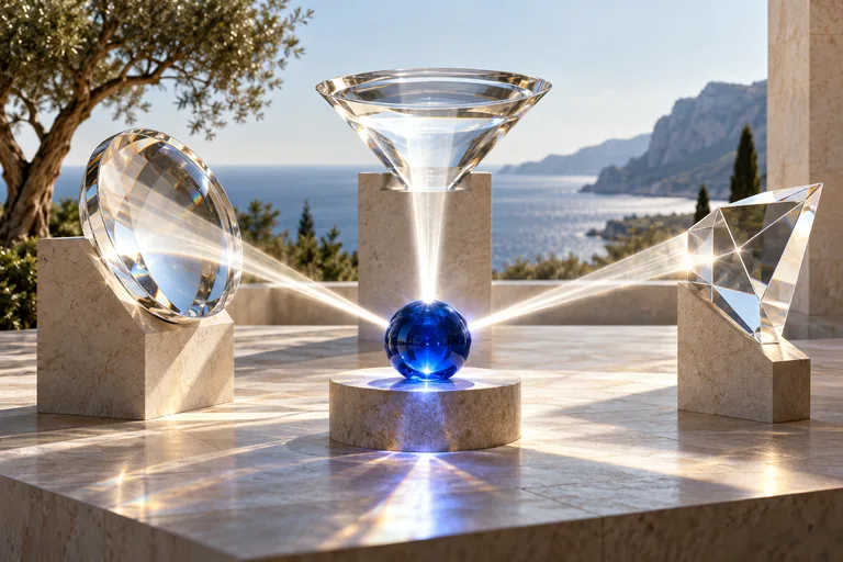Three glass optical instruments directing sunlight toward a cobalt sphere on a stone terrace