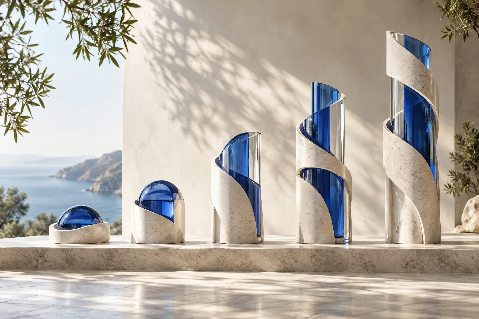 Five progressively taller blue glass and stone sculptures arranged in sunlight