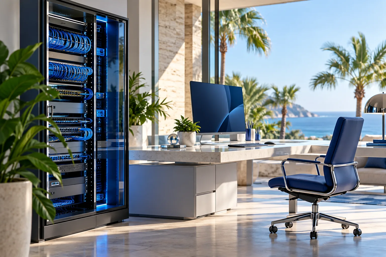 An organized network cabinet and modern workstation in a bright office