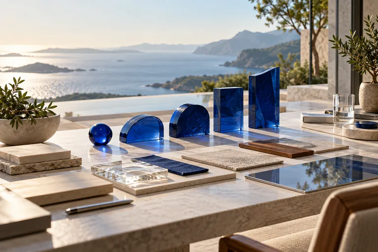 Five cobalt milestones and material samples on a sunlit planning table