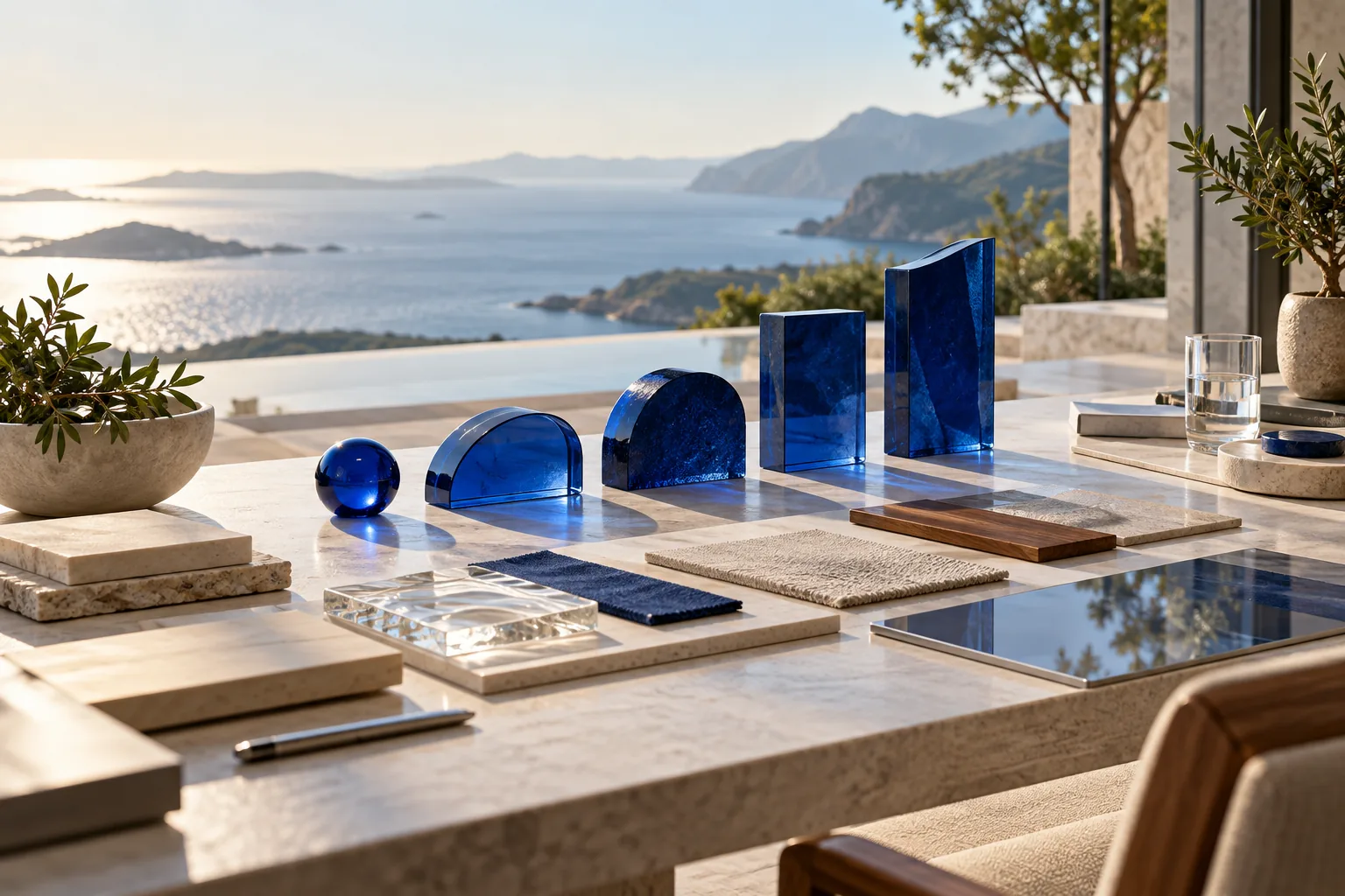 Five cobalt milestones and material samples on a sunlit planning table