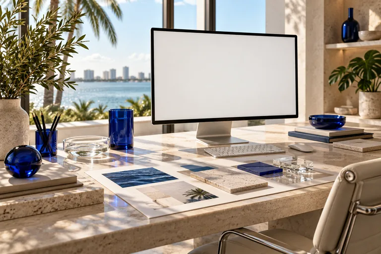 A clean design desk with a blank monitor, layout papers and blue material samples