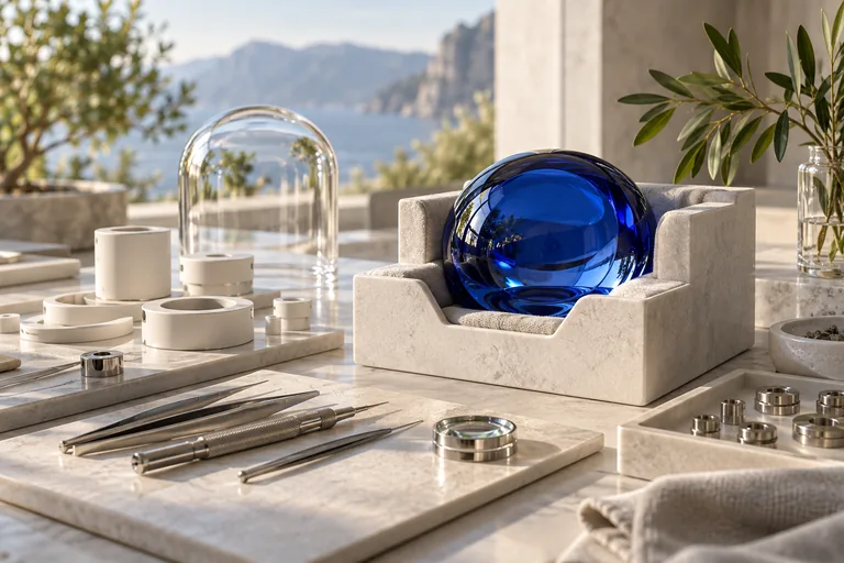 Precision instruments surrounding a blue glass sphere in a protective stone cradle
