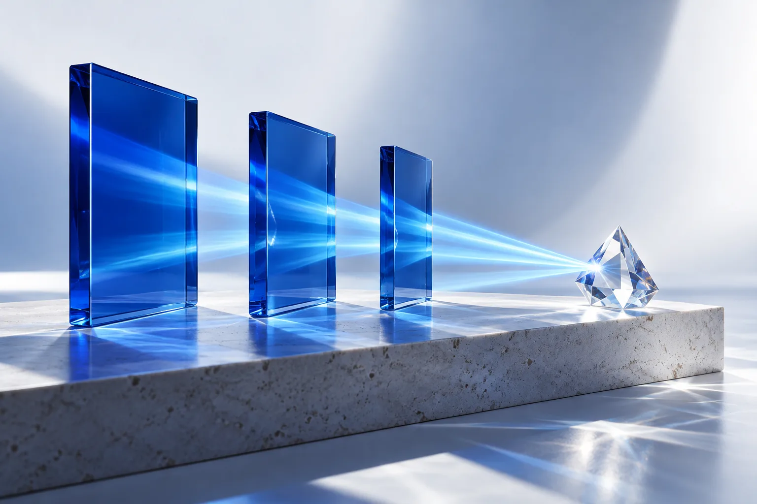 Three blue optical glass panels focusing light onto a crystal, an editorial illustration of connected organic authority