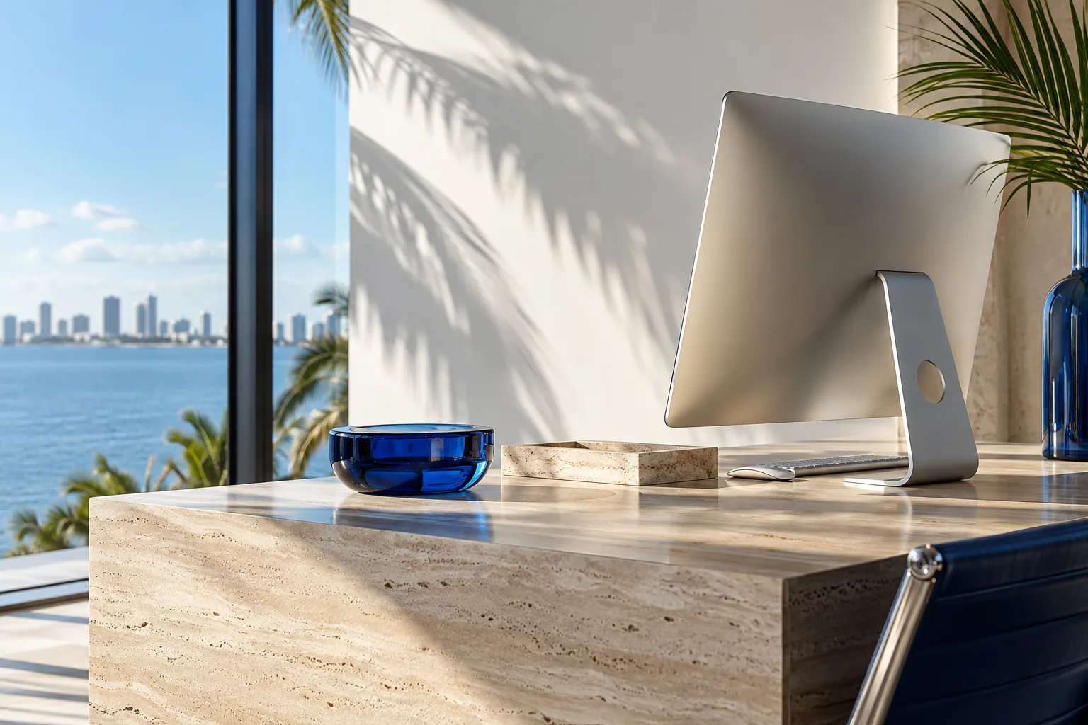 An editorial concept of a sunlit contemporary workspace with glass, stone, and blue accents