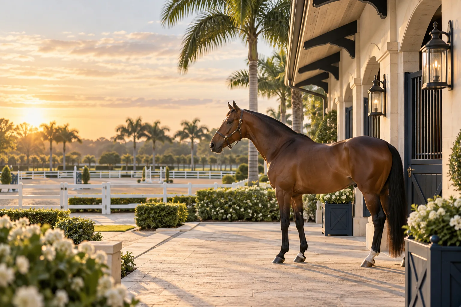 Illustrative equestrian property with a bay horse, refined stable architecture and South Florida palms