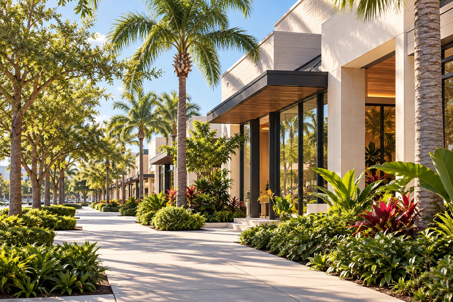 Greenacres-inspired business streetscape with palm-lined sidewalks and landscaped storefronts