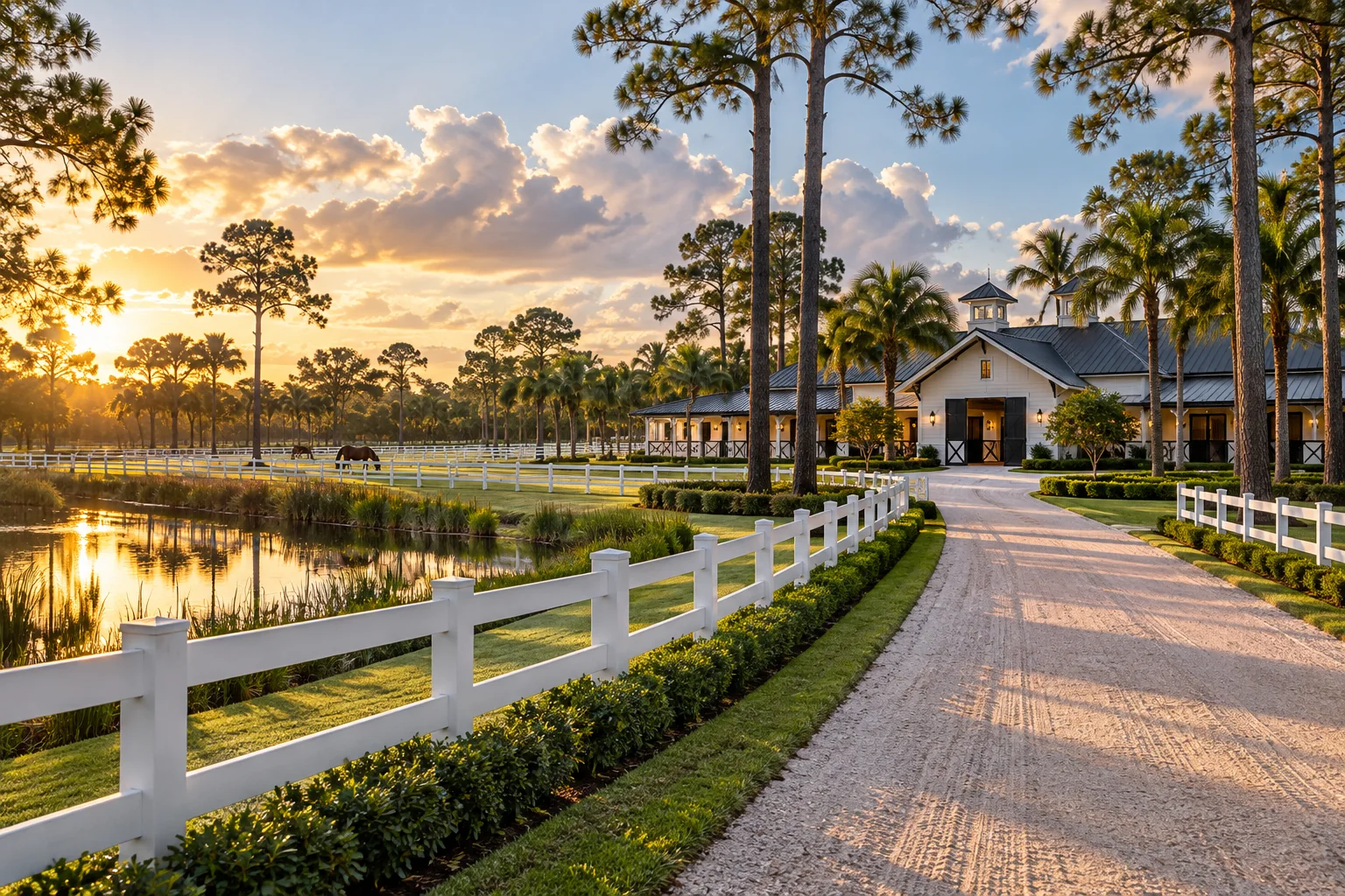 Loxahatchee-inspired rural property with pine trees, paddock fencing and an equestrian barn