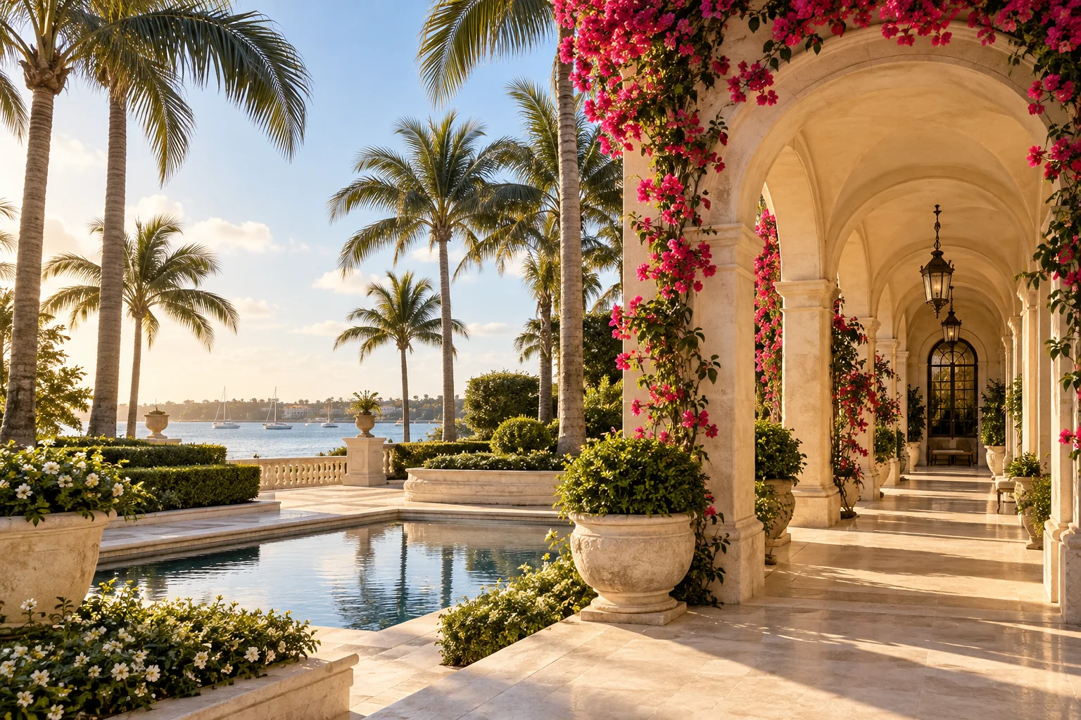 Palm Beach Island-inspired coastal architecture, stone arcade, palms and waterfront gardens