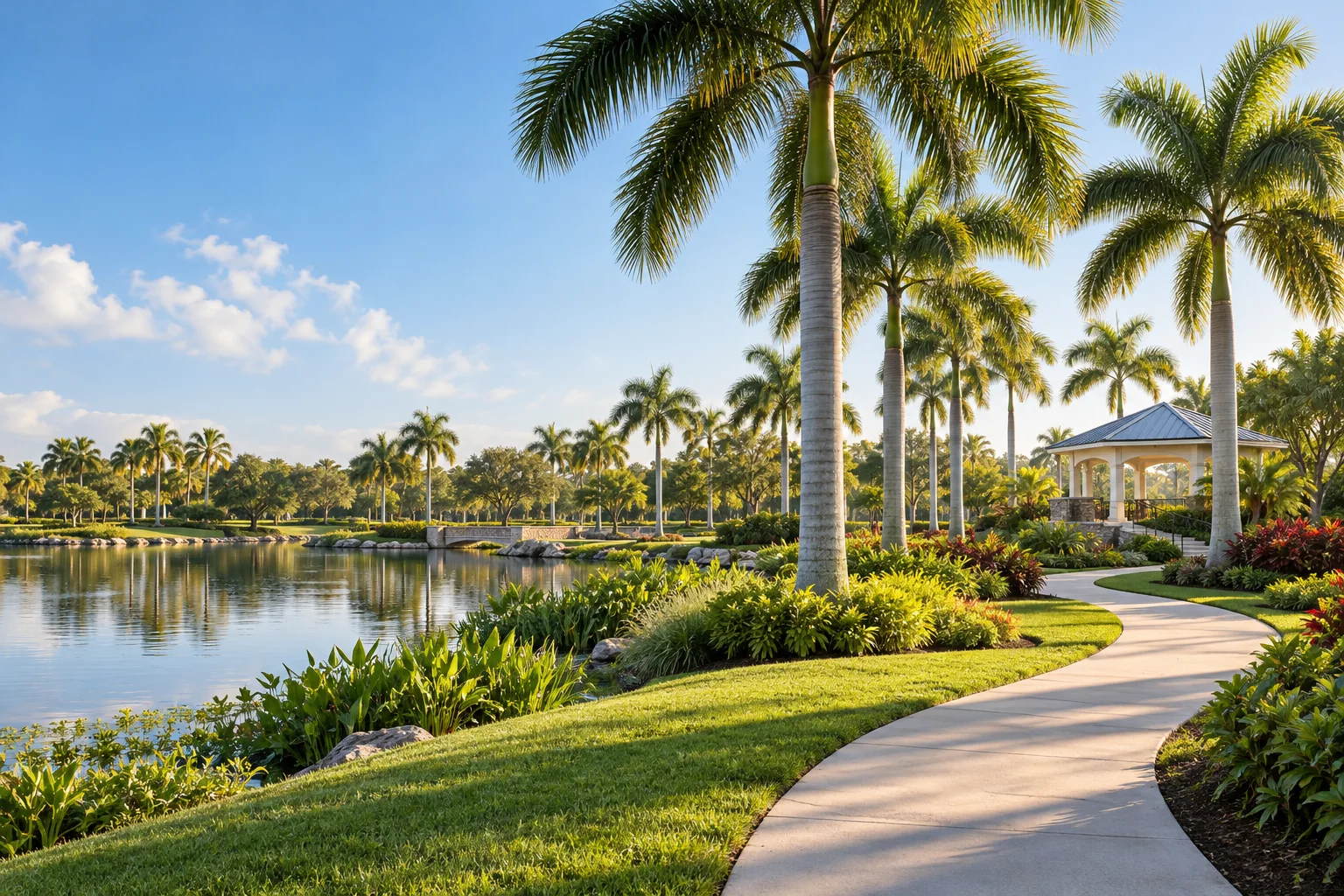 Royal Palm Beach-inspired lakeside park with royal palms, a walking path and pavilion