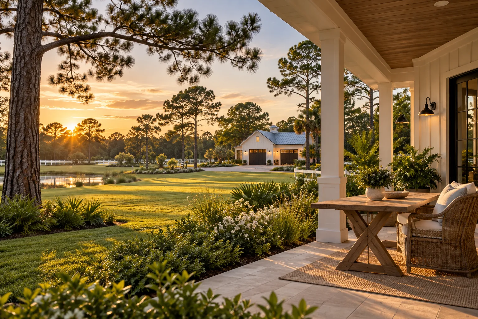 The Acreage-inspired spacious residential landscape with native pines, gardens and a porch