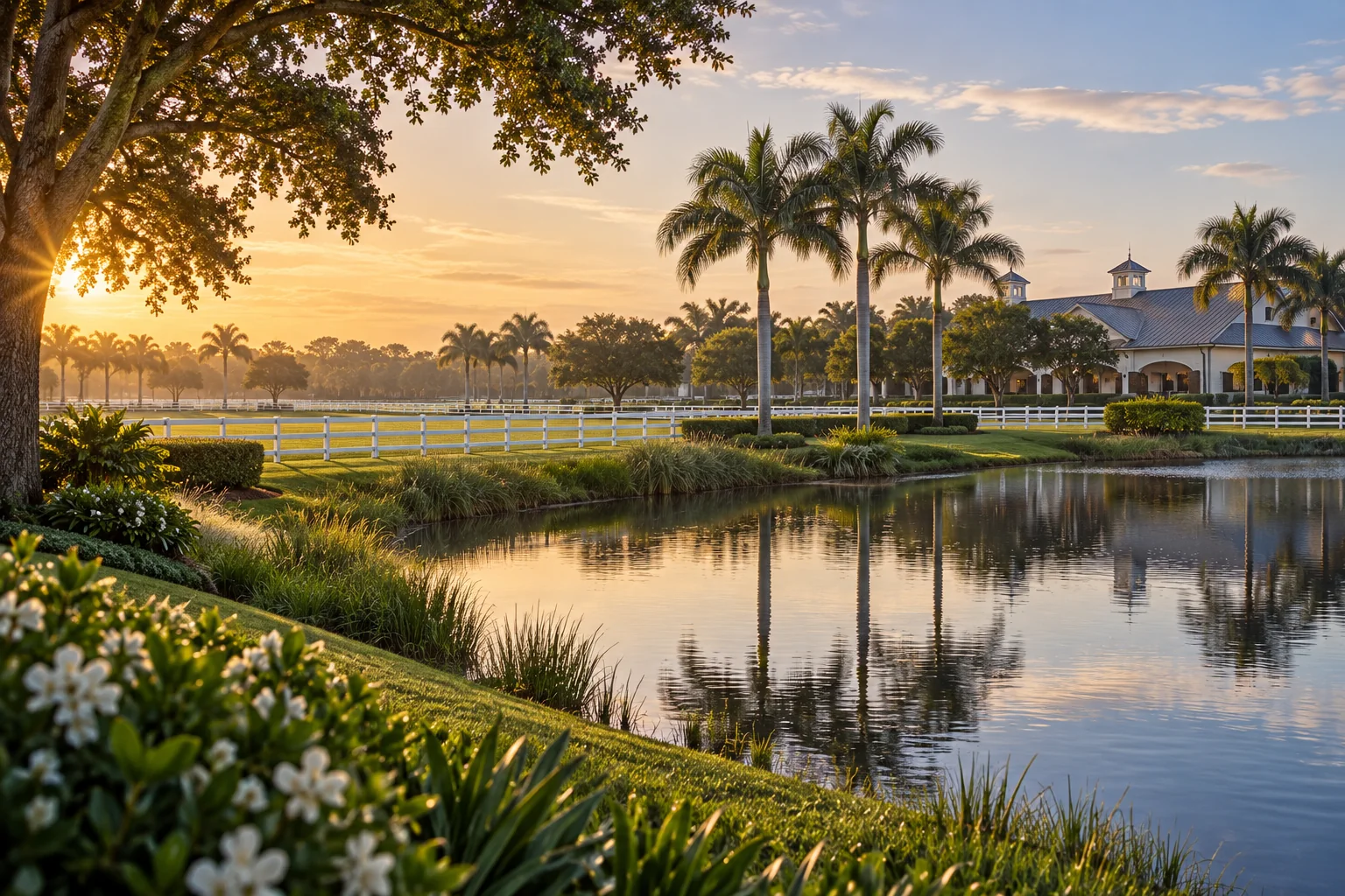 Wellington-inspired equestrian landscape with palms, white paddock fencing and a pond at sunset