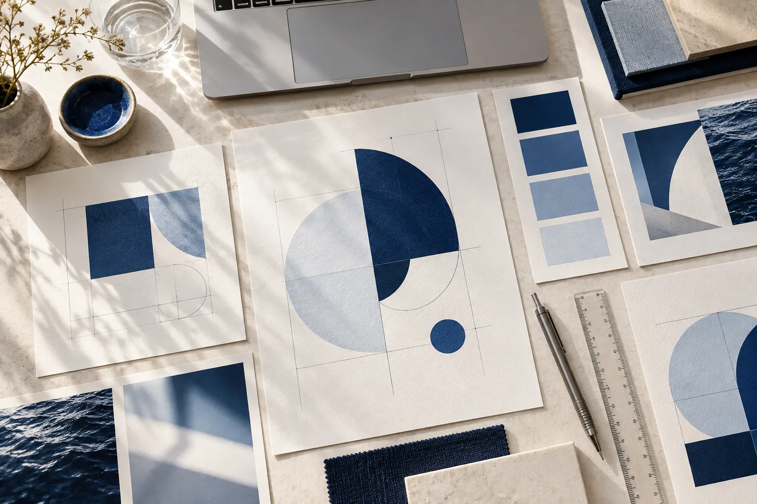 An editorial concept of a carefully arranged design and strategy workspace
