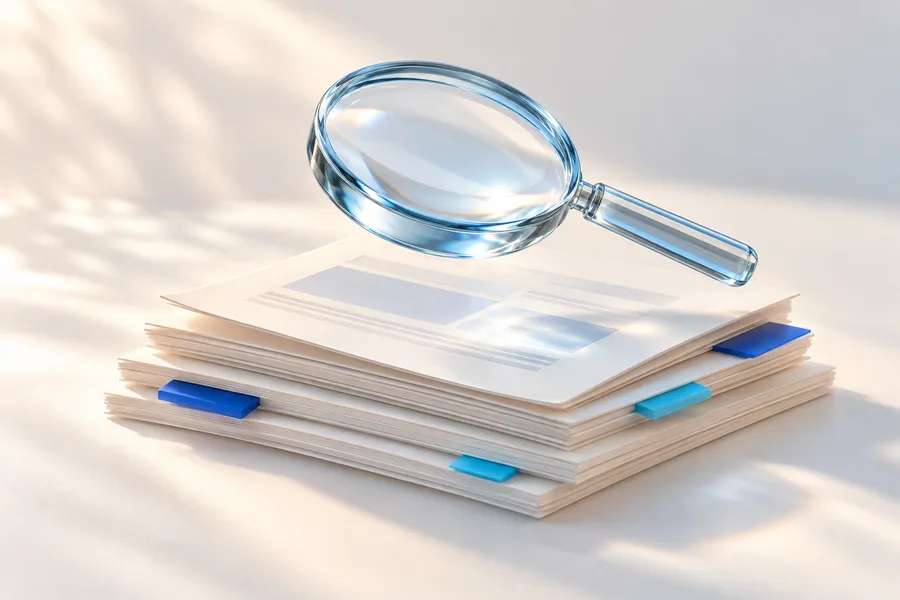 Glass magnifying lens above a website review